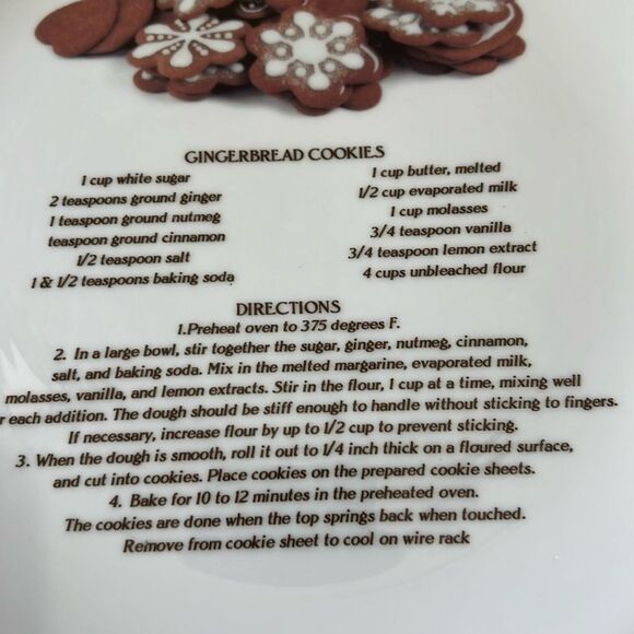 Gingerbread Cookies Recipe Directions Collector Decorator Plate 10 1/2 In White - Picture 4 of 6